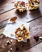 Popcorn breakfast bar with almonds, cranberries and almond butter