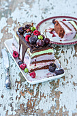 Ice cream cake with chocolate sauce and frozen fruit
