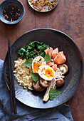 Salmon bowl with sooked eggs cauliflower rice
