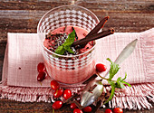 Cornelian cherry semolina pudding with chocolate and mint