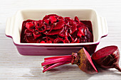 Pickled beetroot in wine vinegar with spices and horseradishes