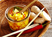 Pickled golden beets with fresh ginger, chilli, kaffir limes, lemongrass and rice vinegar (Asia)