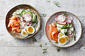 Cucumber salad with radishes, salmon and egg