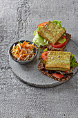 Vegetarian tofu slices with raw vegetables