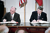 Reagan and Gorbachev signing the INF Treaty