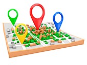 Location pins on city map, illustration