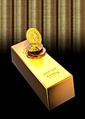 Bitcoins and gold bullion, illustration