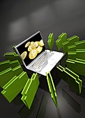Laptop with bitcoins and files, illustration