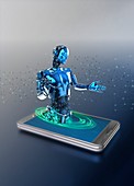Robot emerging from smartphone screen, illustration