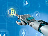 Robot selecting bitcoin, illustration