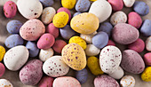 Full frame overhead shot of chocolate Easter mini and micro eggs
