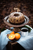 Chocolate orange cake in late autumnal leaves