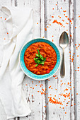Indian dhal with red lentils garnished with coriander (seen from above)
