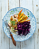 Dumplings with figs, red cabbage, and mushrooms