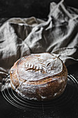 Loaf of fresh sourdough lying on grating near piece of gray cloth on table in dark room