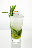 High glass with traditional Mojito cocktail garnished with dried lime and mint on white background