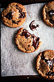 Chocolate chip cookies on a baking tray