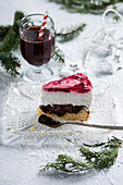 Vegan sour cherry cream cake with wintry decorations