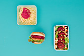 Three different types of beetroot dishes – with pasta, with pesto and as a patty