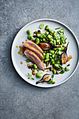 Roast duck breast with broad beans and pistachio nuts