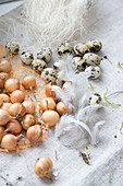 Kleine Zwiebeln, Wachteleier, Federn und Deko-Sisal auf grobem Stoff