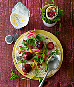 A wrap with beetroot meatballs and lemon yoghurt