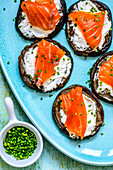 Roasted eggplants with cream cheese and salmon