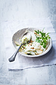 White asparagus salad with yoghurt sauce and walnuts