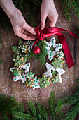 Christmas wreath made with gingerbread cookies and matcha glaze