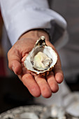 A person holding a freshly opened oyster