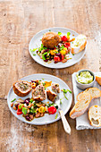 Meatballs with walnuts and bacon served with a bean salad