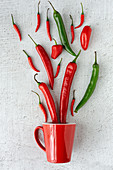 Fresh red and green and spicy chilli peppers on white background
