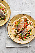 Tabbouleh with sea bream and a baharat yoghurt dip