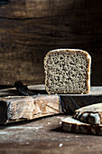 Rye bread, sliced on a wooden board