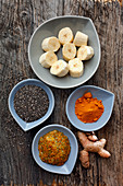 Banana bowl with ingredients (chia and turmeric)