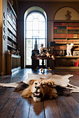Löwenkopf-Teppich auf Holzdielenboden in der Bibliothek mit Rundbogenfenster