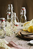 Elderflower syrup in flip-top glass bottles
