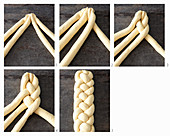 A four-strand braided bread plait being made