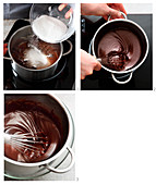 Cooking chocolate being boiled and stirred on a low heat