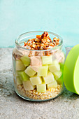 Melon salad with tender wheat, yoghurt and walnuts