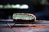 Vegan chocolate mint cream cake with chocolate icing and cocoa powder