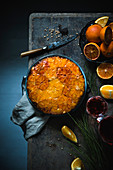 Vegan blood orange and orange cake, glazed with ornamental quince jelly