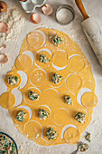 Making spinach, ricotta and salmon ravioli, view from above