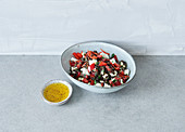 Spicy lentil salad with peppers and feta cheese