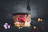 Mousse cake with amarettini, redcurrants and chocolate