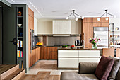 White island counter in open-plan wood and stainless steel kitchen