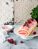 Sponge roll with yoghurt and raspberry filling