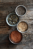 Chia, flax seeds, pumpkin seeds and sunflower seeds