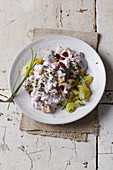 Soused herring and beetroot quark with potatoes and diced kohlrabi