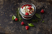 Basil and rosemary cream with raspberries